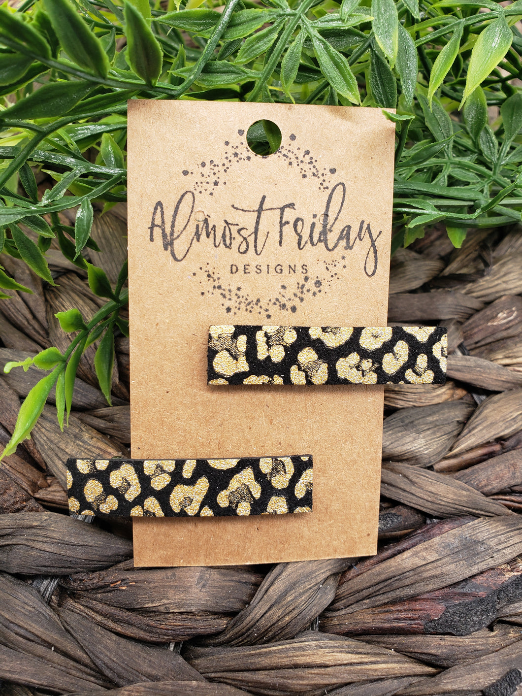 Genuine Leather Hair Clip - Leopard Print - Animal Print - Gold - Black- Metallic Gold - Hair Accessory - Alligator Clip