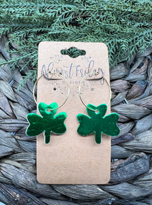 Genuine Leather Earrings - Saint Patrick's Day - Green Earrings - Hoop Earrings - Three Leaf Clovers - Metallic Green - Metallic Leather - Clovers - Shamrocks - Statement Earrings