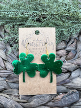 Load image into Gallery viewer, Genuine Leather Earrings - Saint Patrick&#39;s Day - Green Earrings - Three Leaf Clovers - Metallic Green - Metallic Leather - Clovers - Shamrocks - Statement Earrings
