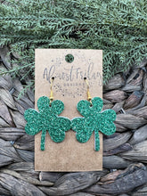 Load image into Gallery viewer, Genuine Leather Earrings - Shamrocks - Green - Three Leaf Clover - St. Patrick&#39;s Day - Glitter Earrings - Statement Earrings
