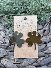 Load image into Gallery viewer, Genuine Leather Earrings - Saint Patrick&#39;s Day - Gold Earrings - Three Leaf Clovers - Metallic Gold - Metallic Leather - Clovers - Shamrocks - Statement Earrings
