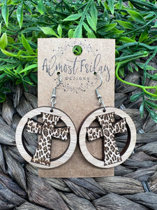 Wood Earrings - Leopard Earrings - Cross - Animal Print - Easter - Christian Earrings - White Oak