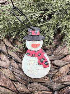 Genuine Leather - Snowman Ornament - Christmas - Leopard - Animal Print - Red - Green - Black - Iridescent - Christmas Tree Decoration