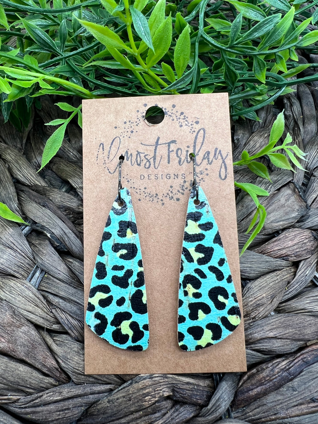 Genuine Leather Earrings - Triangle - Yellow - Neon - Teal and Black Earrings - Leopard Design - Statement Earrings - Animal Print - Colorful