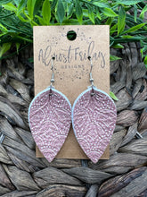 Load image into Gallery viewer, Genuine Leather Earrings - Mauve - White - Leaf Cut - Pinched Leaf - Cut Out - Statement Earrings - Boho
