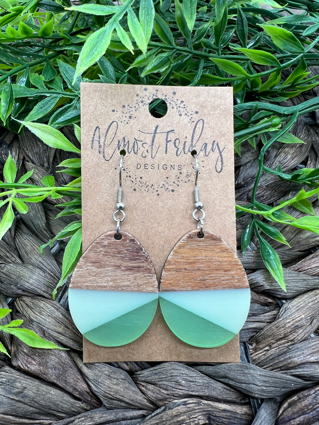 Wood Earrings - Oval - Resin - Statement Earrings - Round - Green - Mint - Green - Walnut