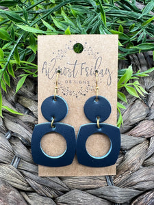 Genuine Leather Earrings - Navy - Rounded Square - Cut Out - Blue - Statement Earrings - Neutral