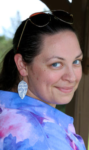 Genuine Leather Earrings - Blue - White - Leaf Cut - Dashes - Lined Design - Pinched Leaf - Cut Out - Statement Earrings - Boho