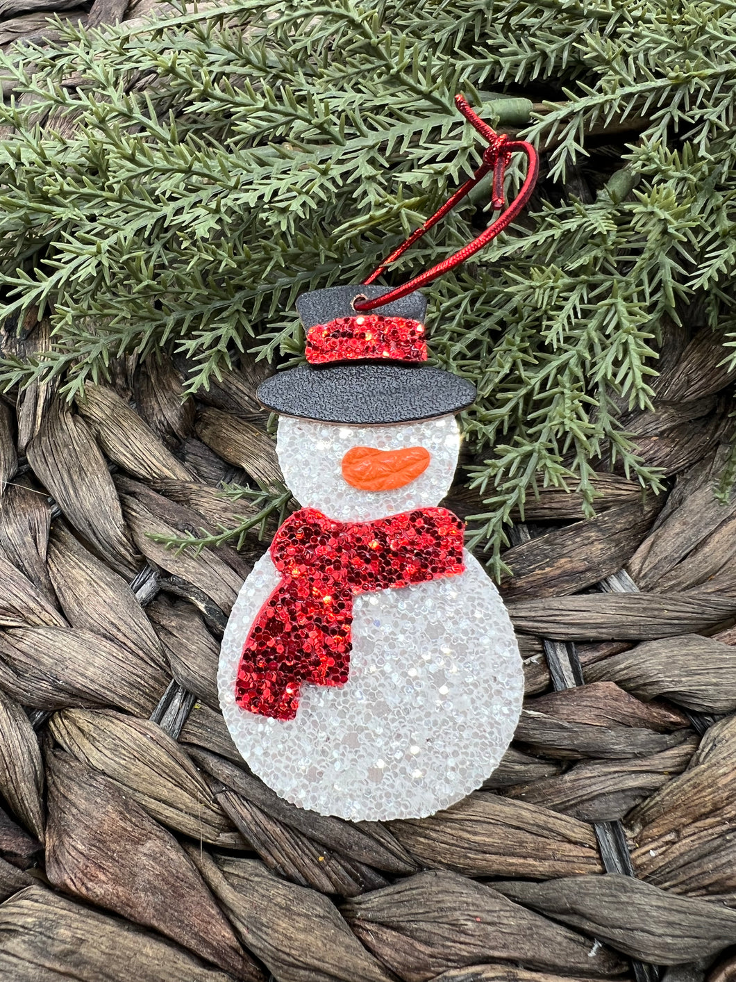 Genuine Leather - Snowman Ornament - Christmas - White Glitter - Red Glitter - Christmas Tree Decoration