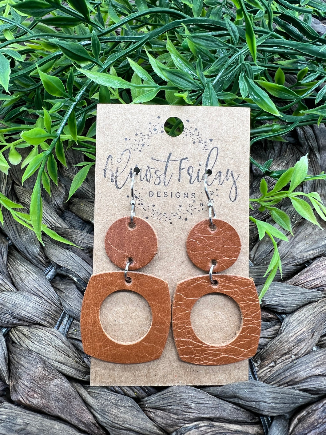Genuine Leather Earrings - Brown - Rounded Square - Cut Out - Rust - Statement Earrings - Neutral