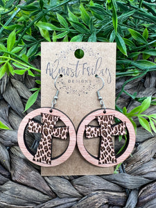 Wood Earrings - Leopard Earrings - Cross - Animal Print - Easter - Christian Earrings - Sapele