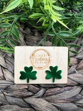 Load image into Gallery viewer, Genuine Leather Earrings - Shamrocks - Green - St. Patrick&#39;s Day - Metallic Earrings - Four Leaf Clover - Studs

