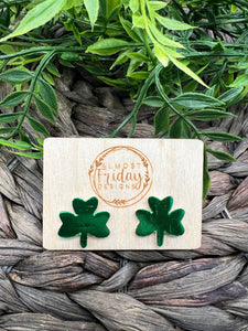 Genuine Leather Earrings - Shamrocks - Green - St. Patrick's Day - Metallic Earrings - Four Leaf Clover - Studs
