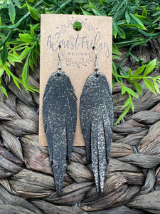 Genuine Leather Earrings - Feather - Feather Earrings - Black - Silver Glitter - Metallic - Statement Earrings - Fringe