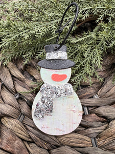 Genuine Leather - Snowman Ornament - Christmas - Silver Glitter - White - Iridescent - Christmas Tree Decoration