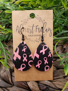 Genuine Leather Earrings - Teardrop - Breast Cancer Ribbon - Breast Cancer Awareness Ribbon Earrings - Cancer Awareness - Pink Ribbon - Statement Earrings - Black - Pink