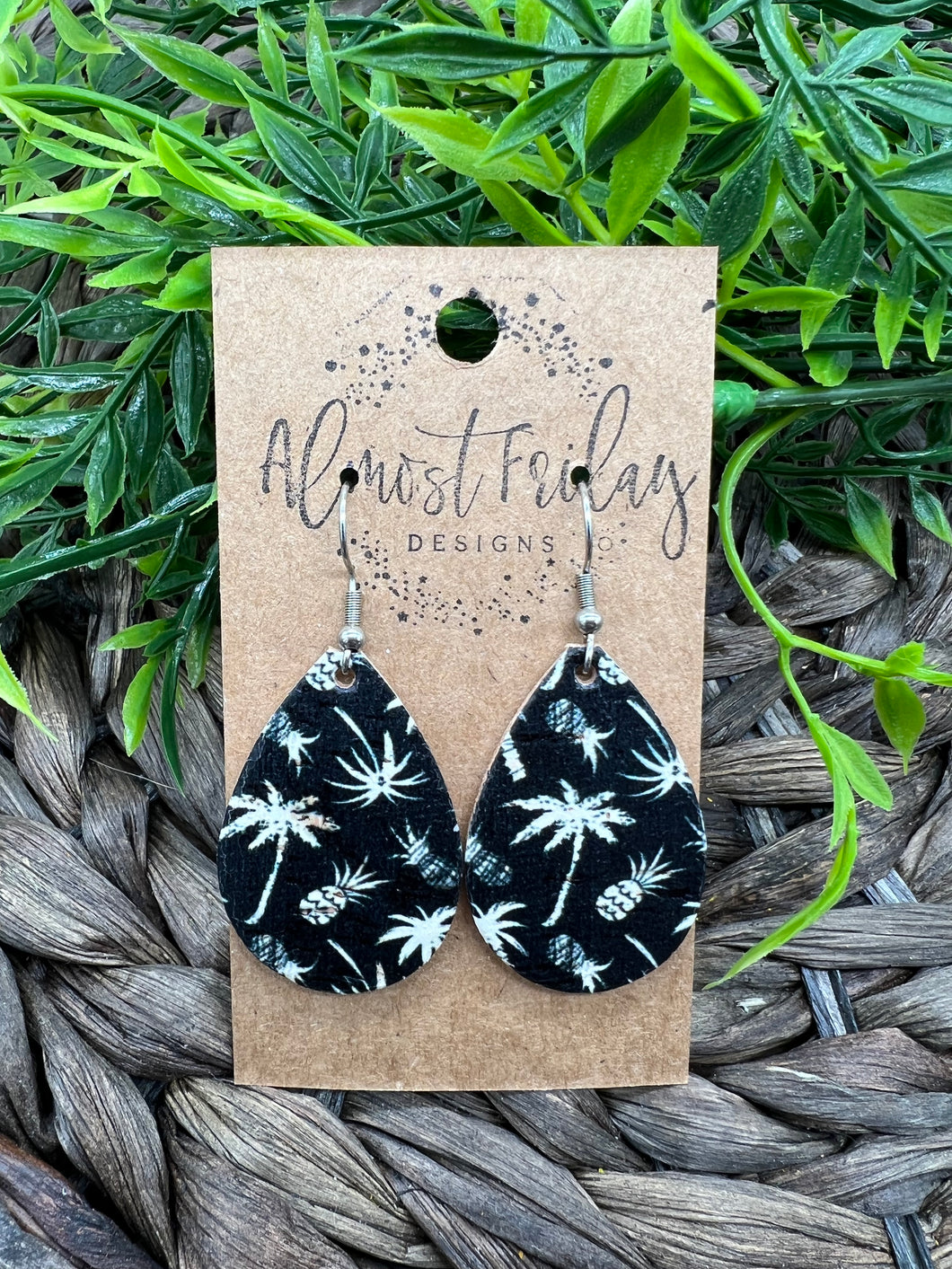 Genuine Leather Earrings - Black - Teardrop - White - Palm Trees - Pineapple - Statement Earrings - Neutral - Summer