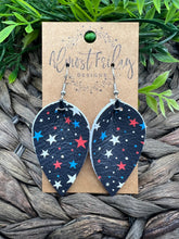 Load image into Gallery viewer, Genuine Leather Earrings - Pinched Leaf - Red - Blue - Patriotic Earrings - White - Stars and Stripes - 4th of July - Independence Day - USA - Olympics - Memorial Day
