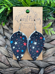 Genuine Leather Earrings - Pinched Leaf - Red - Blue - Patriotic Earrings - White - Stars and Stripes - 4th of July - Independence Day - USA - Olympics - Memorial Day