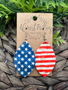 Genuine Leather Earrings - Red - Blue - Patriotic Earrings - American Flag - Stars and Stripes - 4th of July - Leaf Cut - Independence Day - USA - Olympics