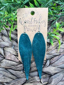 Genuine Leather Earrings - Feather - Feather Earrings - Teal - Turquoise - Statement Earrings - Fringe