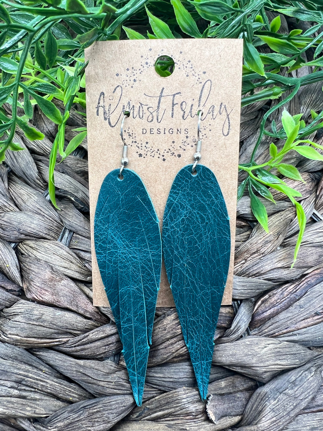 Genuine Leather Earrings - Feather - Feather Earrings - Teal - Turquoise - Statement Earrings - Fringe
