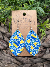 Load image into Gallery viewer, Genuine Leather Earrings - Leaf Cut - Ukrainian Flag - Leopard Earrings - Heart - Animal Print - Ukraine - Fundraiser - Floral - Flower - Blue - Yellow
