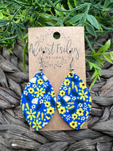 Load image into Gallery viewer, Genuine Leather Earrings - Leaf Cut - Sunflower Earrings - Ukraine - Fundraiser - Floral - Flower - Blue - Yellow
