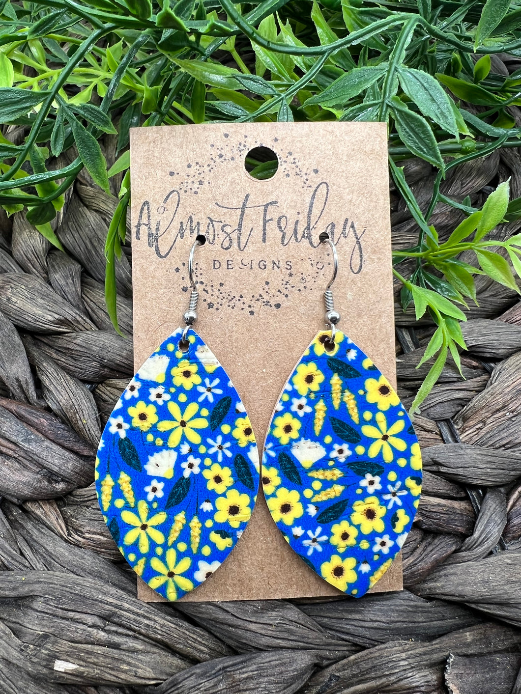 Genuine Leather Earrings - Leaf Cut - Sunflower Earrings - Ukraine - Fundraiser - Floral - Flower - Blue - Yellow
