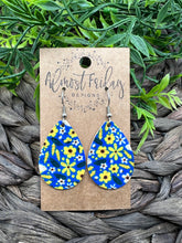 Load image into Gallery viewer, Genuine Leather Earrings - Teardrop - Sunflower Earrings - Ukraine - Fundraiser - Floral - Flower - Blue - Yellow

