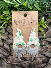 Load image into Gallery viewer, Genuine Leather Earrings - Saint Patrick&#39;s Day - Gnome Earrings - Hair on Leather - Green Earrings - Pink - White - Crosshatch - Statement Earrings
