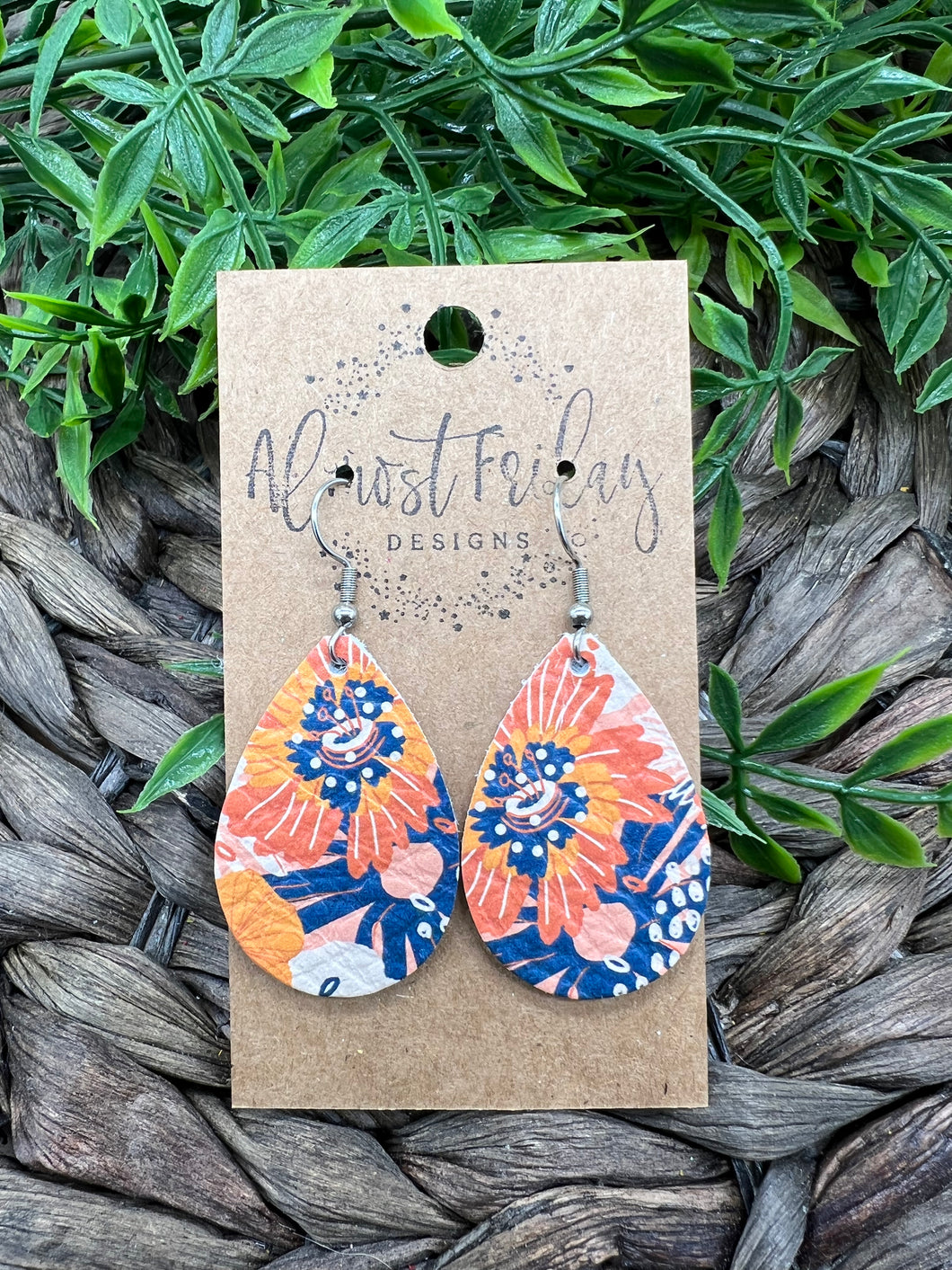 Genuine Leather Earrings - Orange Flowers - Peach - Blue - Fall Earrings - Fall Flowers - Teardrop - Cut Out Earrings - Statement Earrings