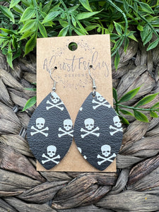 Genuine Leather Earrings - Leaf Cut - Halloween Earrings - Sugar Skulls - Skull and Bones - Skull - Bones - Statement Earrings