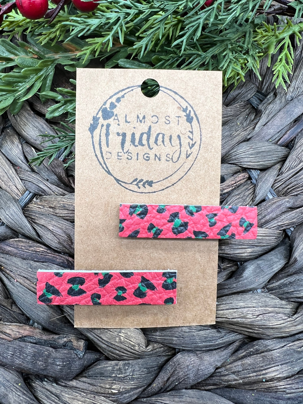 Genuine Leather Hair Clip - Leopard - Holiday Leopard - Christmas Hair Clips - Red - Black - Green - Animal Print - Hair Accessory - Alligator Clip