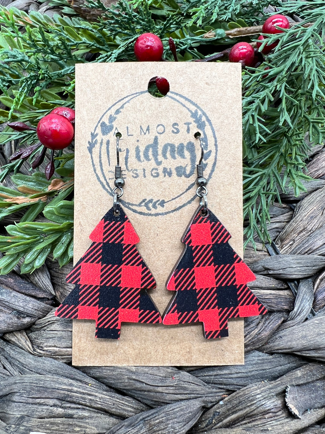 Wood Earrings - Christmas Tree - Christmas Tree Earrings - Buffalo Check - Fall Earrings - Statement Earrings - Black and Red