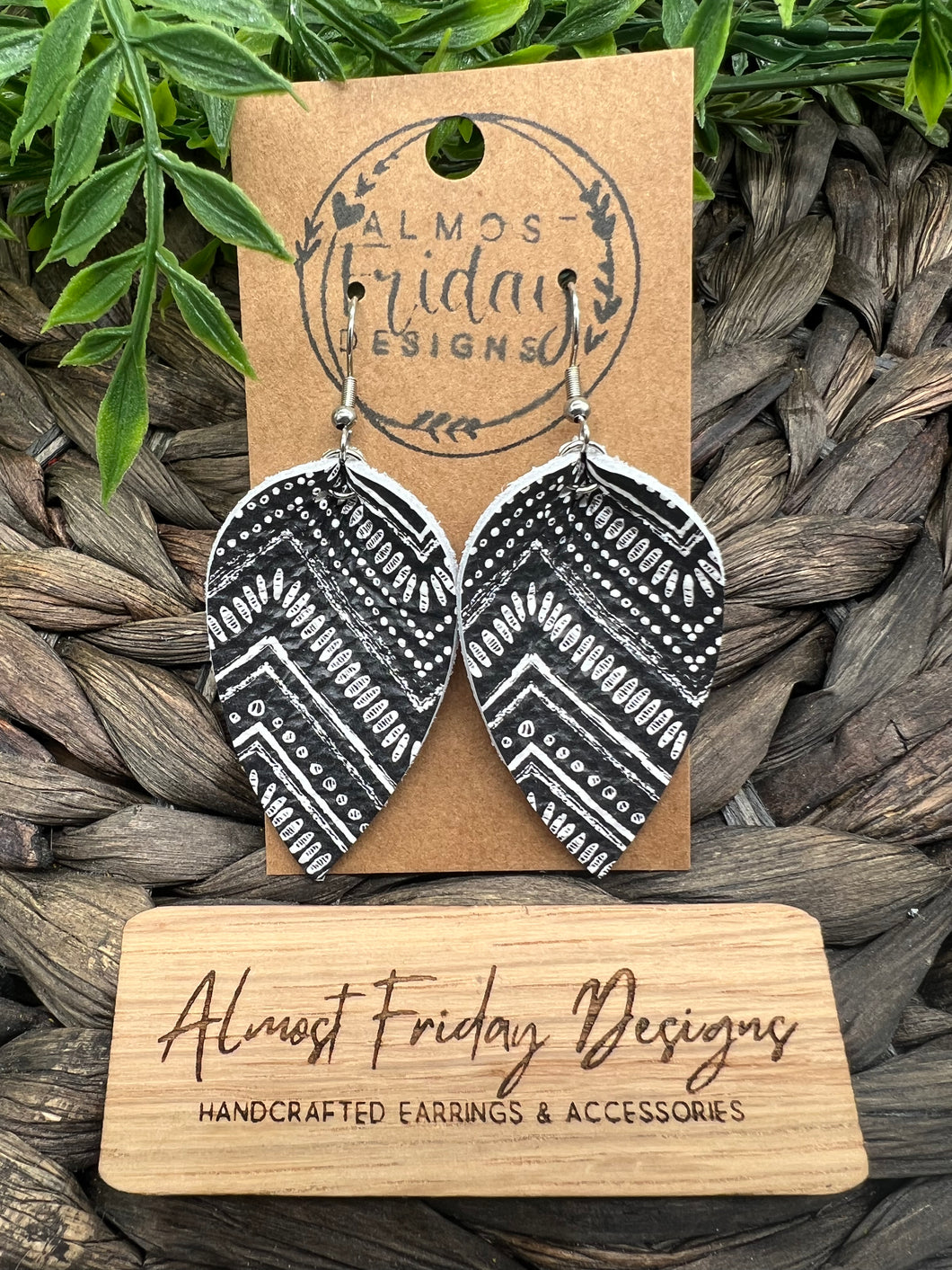 Genuine Leather Earrings - Black - White - Chevron - Leaf Cut - Pinched Leaf - Cut Out - Statement Earrings - Neutral