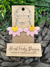 Load image into Gallery viewer, Genuine Leather Earrings - Embossed Daisy - Daisies - Floral - Yellow - Blush - Flowers - Summer Earrings - Statement Earrings - Spring - Horizontal - Cork Leather
