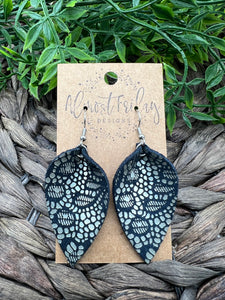 Genuine Leather Earrings - Blue - Silver - Shine - Navy - Leaf Cut - Design - Pinched Leaf - Cut Out - Statement Earrings - Boho