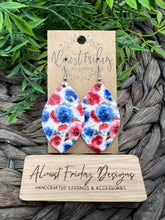 Load image into Gallery viewer, Genuine Leather Earrings - Red - Blue - White - Patriotic Earrings - Flowers - Floral Design - 4th of July - Leaf Cut - Independence Day - USA - Olympics
