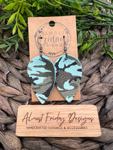 Load image into Gallery viewer, Genuine Leather Earrings - Camouflage - Camo - Aqua - Green - Black - Pinched Leaf - Camouflage Earrings - Army
