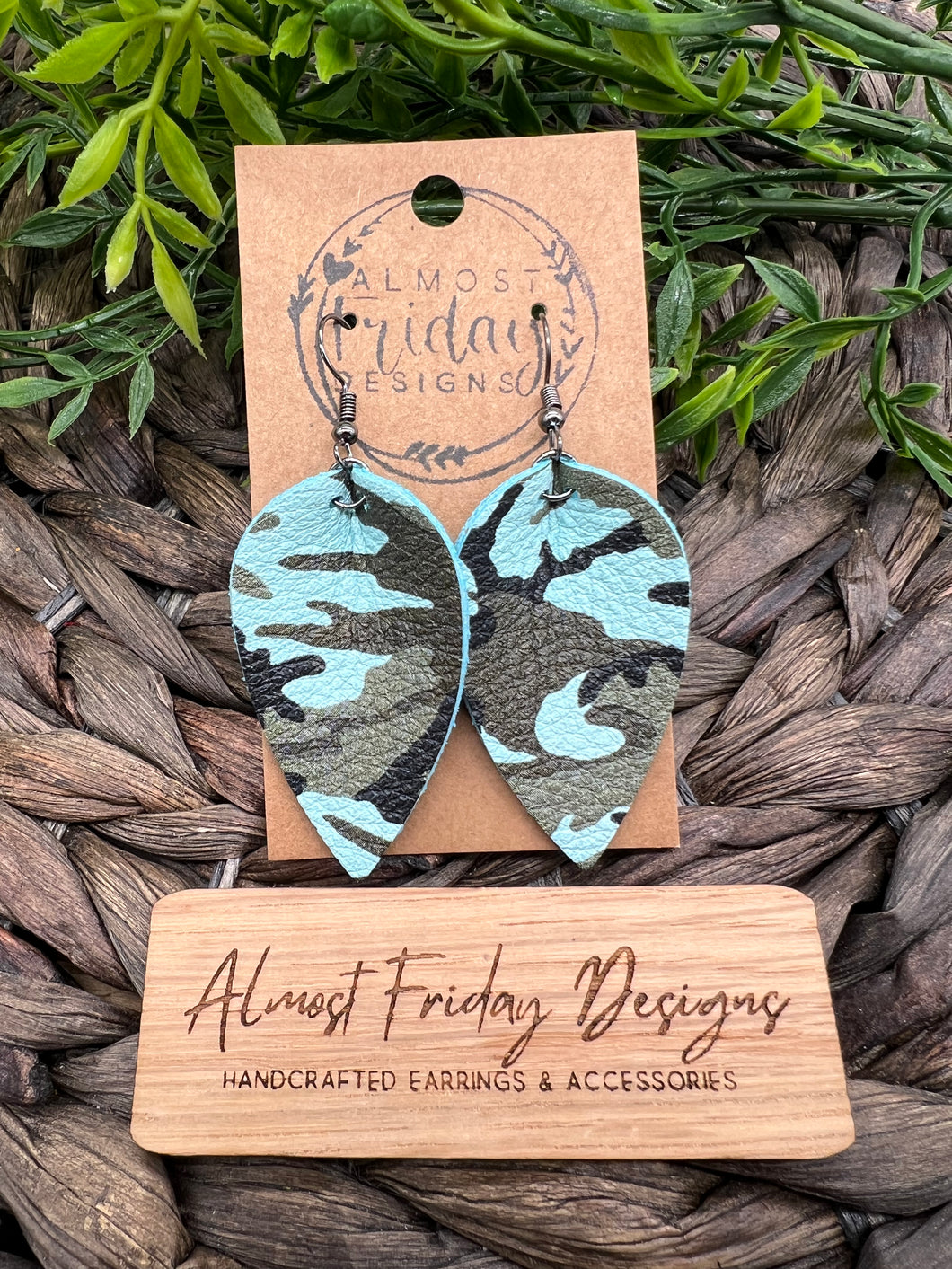 Genuine Leather Earrings - Camouflage - Camo - Aqua - Green - Black - Pinched Leaf - Camouflage Earrings - Army