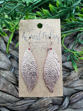 Load image into Gallery viewer, Genuine Leather Earrings - Feather - Feather Earrings - Rose Gold - Metallic - Statement Earrings - Fringe

