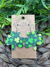Load image into Gallery viewer, Genuine Leather Earrings - Saint Patrick&#39;s Day - Green Earrings - Clovers - Teardrop - Shamrocks - Statement Earrings - Three Leaf Clover
