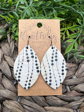 Load image into Gallery viewer, Genuine Leather Earrings - Black - White - Leaf Cut - Dots - Spots - Lined Design - Cut Out - Statement Earrings - Boho
