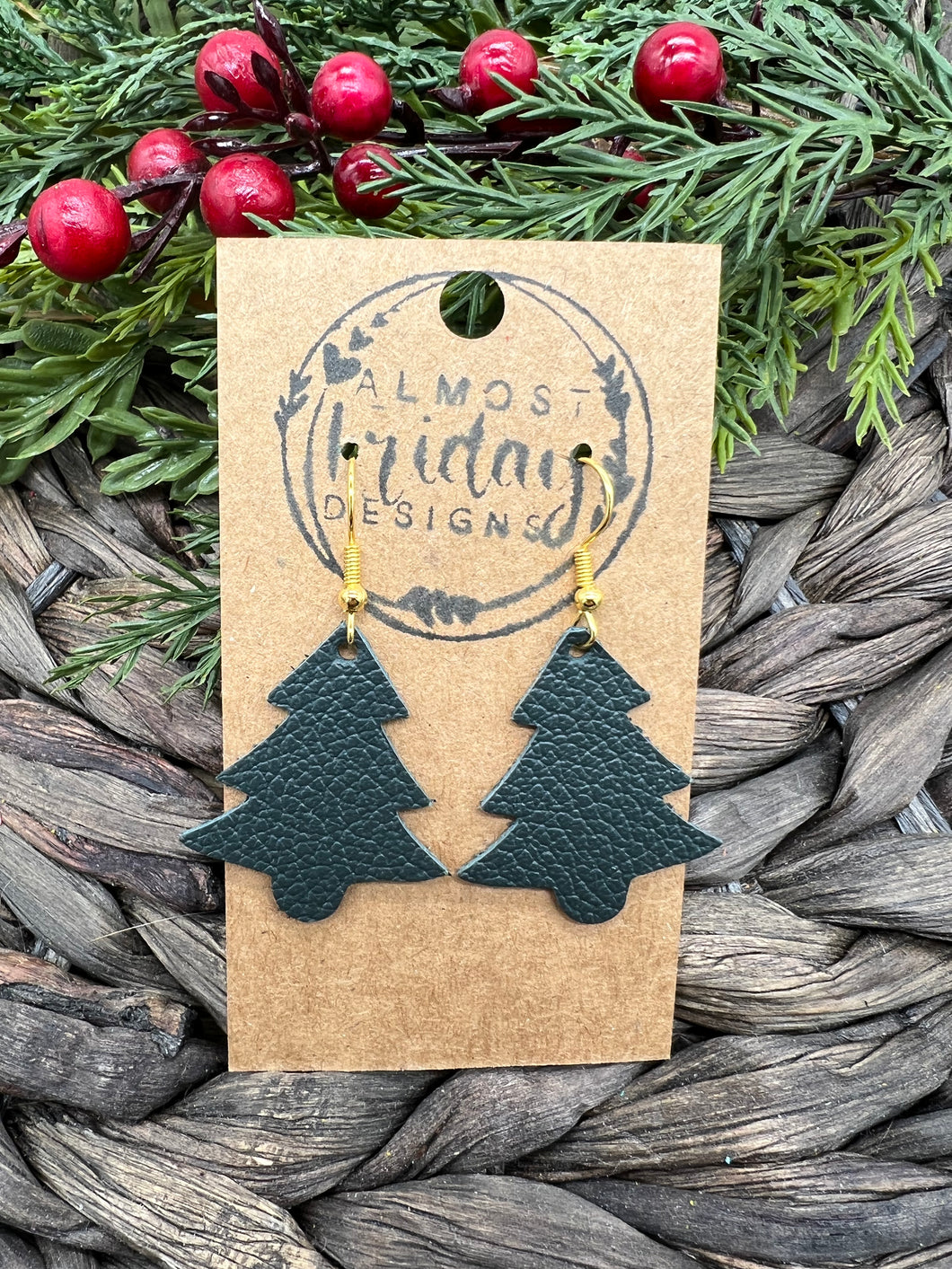 Genuine Leather Earrings - Christmas Trees - Christmas Earrings - Forrest Green - Winter - Green - Statement Earrings