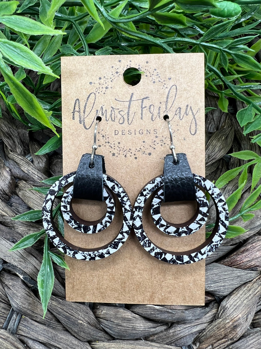 Wood Earrings - Mosaic Print - Natural Wood - Hoop Earrings - Hoops - Black and White - Statement Earrings