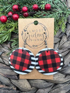 Wood Earrings - Genuine Leather - Christmas Tree - Round - Stripes - Buffalo Check - Christmas Earrings - Statement Earrings - Black and Red - Black and White