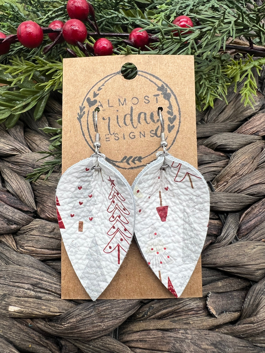Genuine Leather Earrings - Leaf Cut - Pinched Leaf - Christmas Tree - Christmas Tree Earrings - Red - White - Gray - Statement Earrings - Animal Print