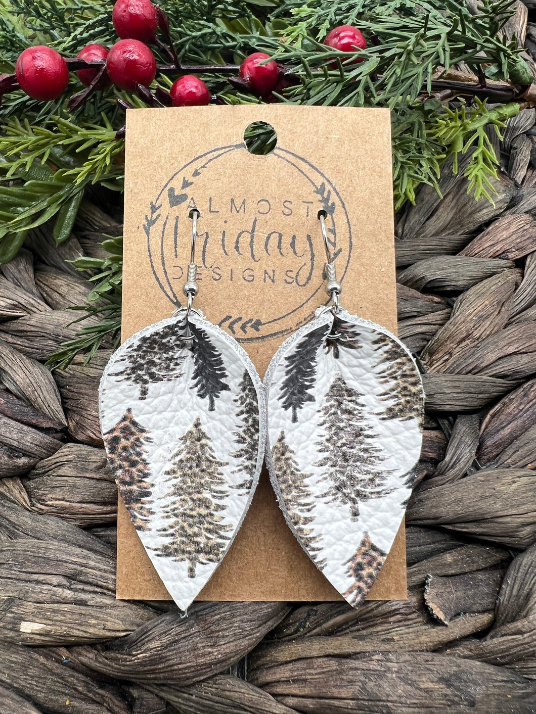 Genuine Leather Earrings - Leaf Cut - Pinched Leaf - Christmas Tree - Christmas Tree Earrings - Leopard Print - Leopard Earrings - Statement Earrings - Animal Print