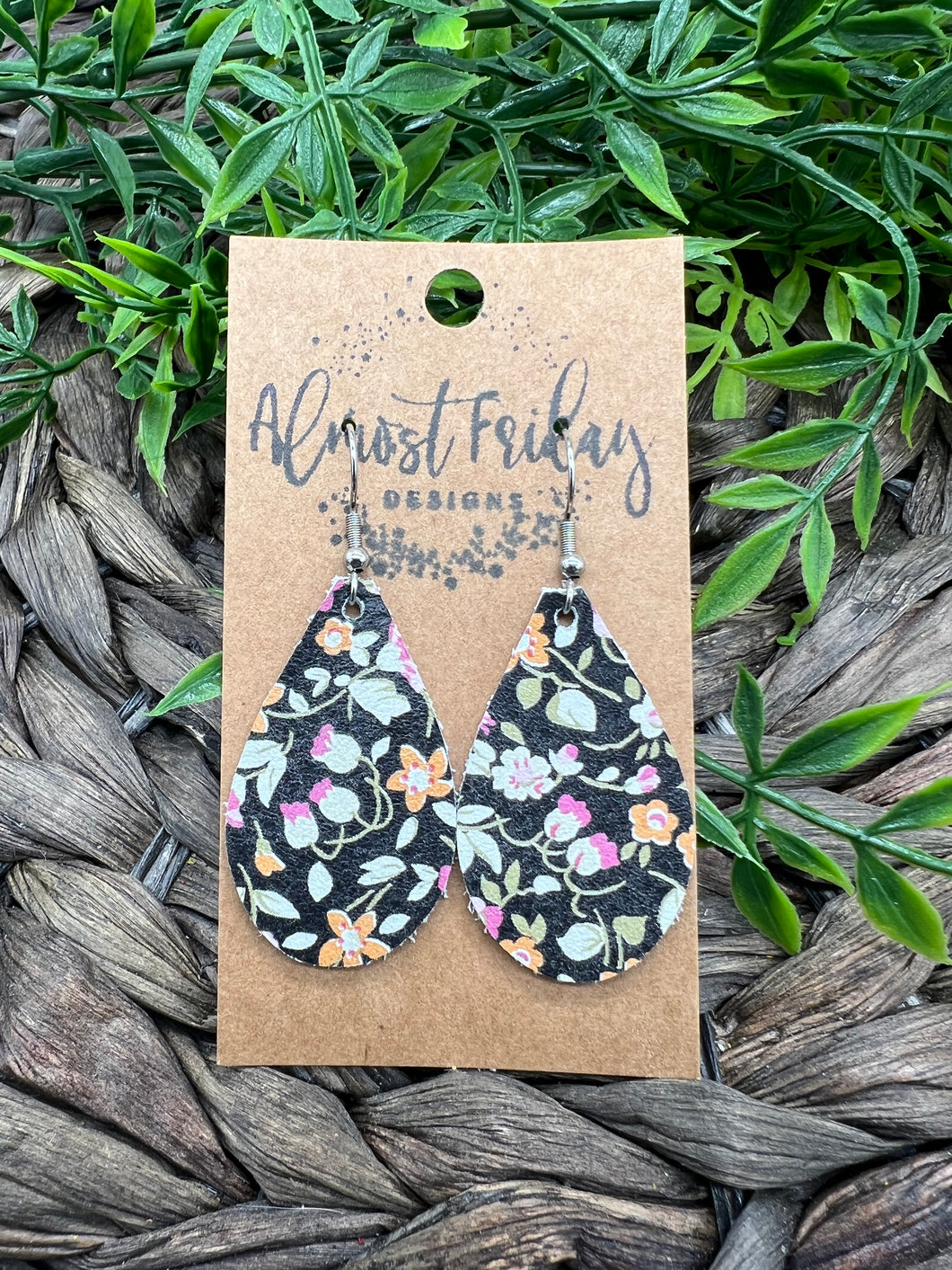 Genuine Leather Earrings - Teardrop - Foral - Flowers - Floral Print - Spring - Summer - Statement Earrings